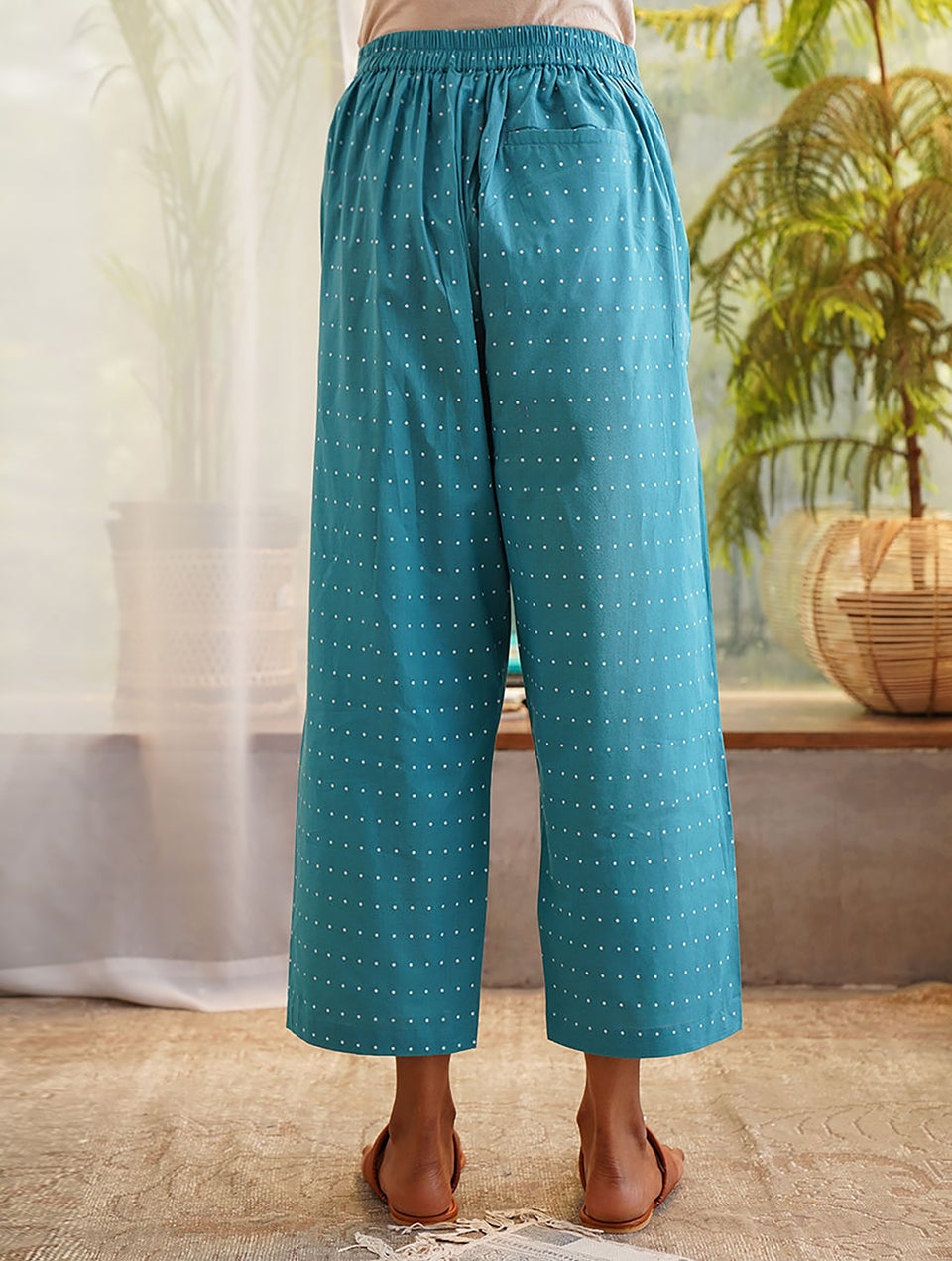 Blue Printed Tie-Up Waist Cotton Pants with Pockets - XS