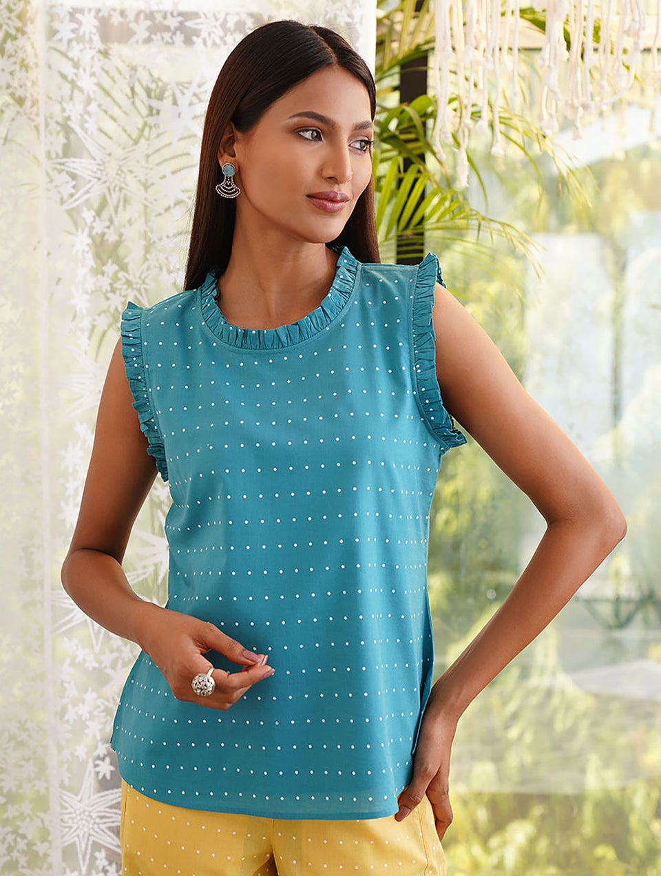 Women Blue Printed Cut Sleeves Cotton Top - XS