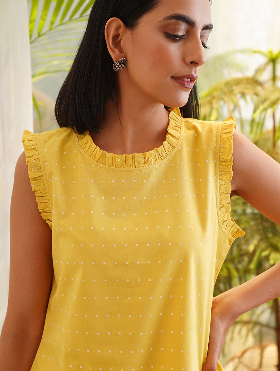 Women Yellow Printed Cut Sleeves Cotton Top