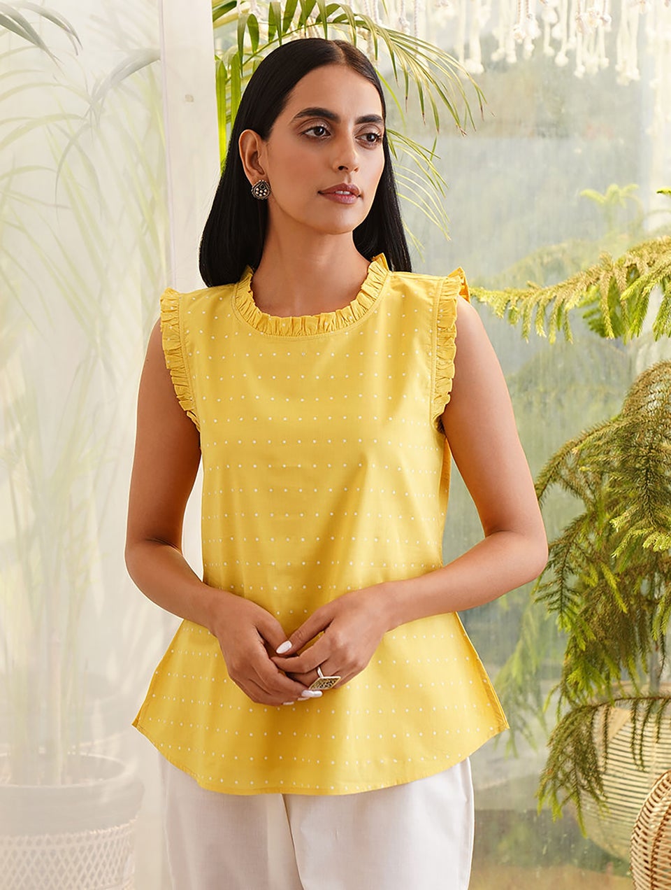 Women Yellow Printed Cut Sleeves Cotton Top - XS