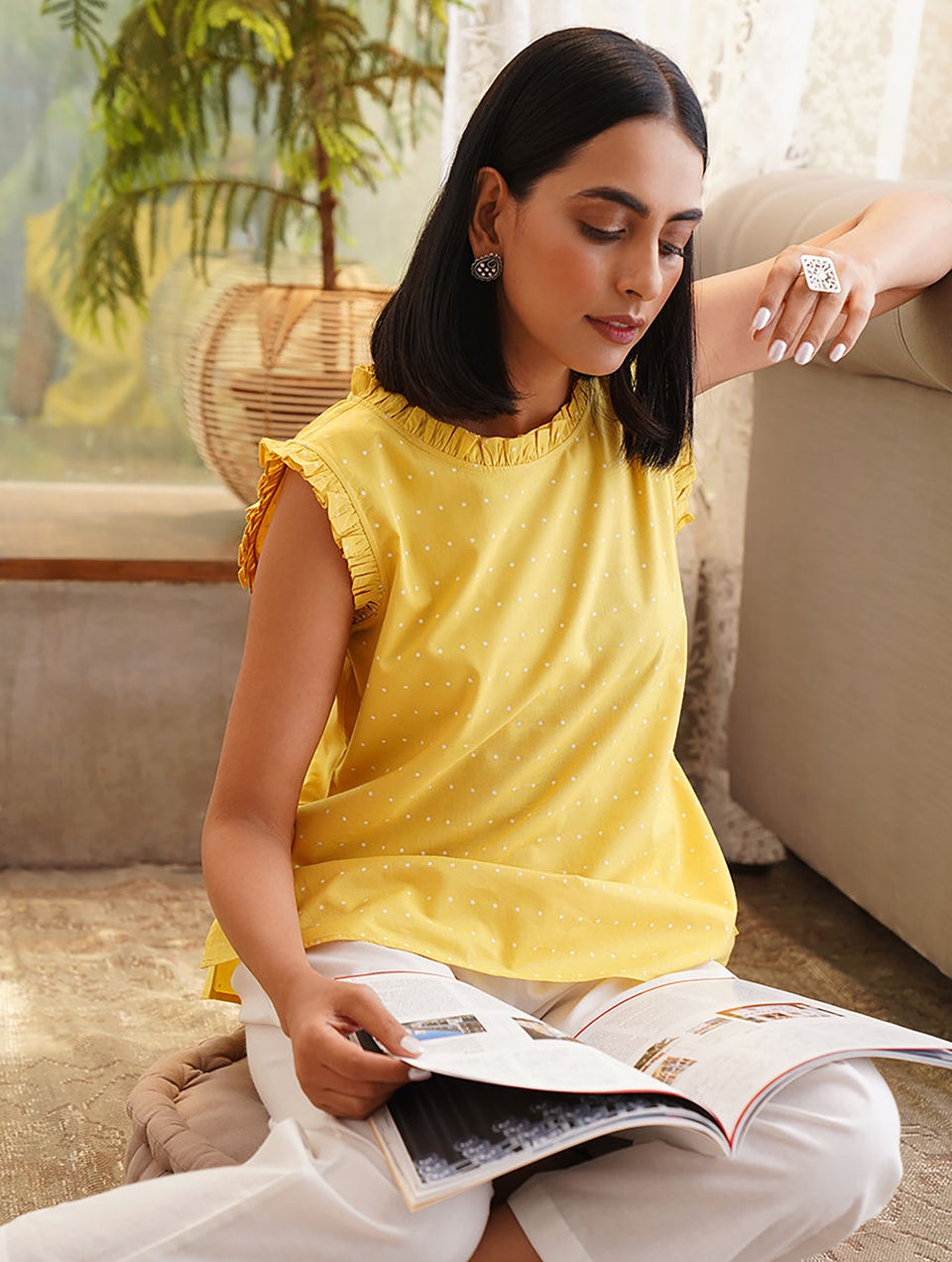 Women Yellow Printed Cut Sleeves Cotton Top - XS