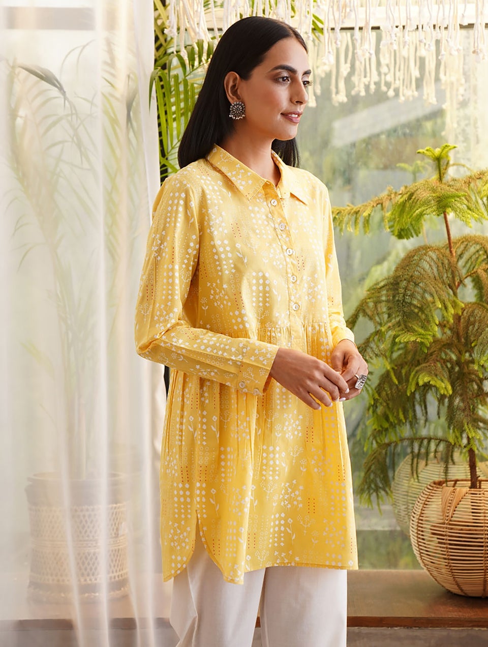 Women Yellow Cotton Printed Shirt Collar Regular Fit Top - XS