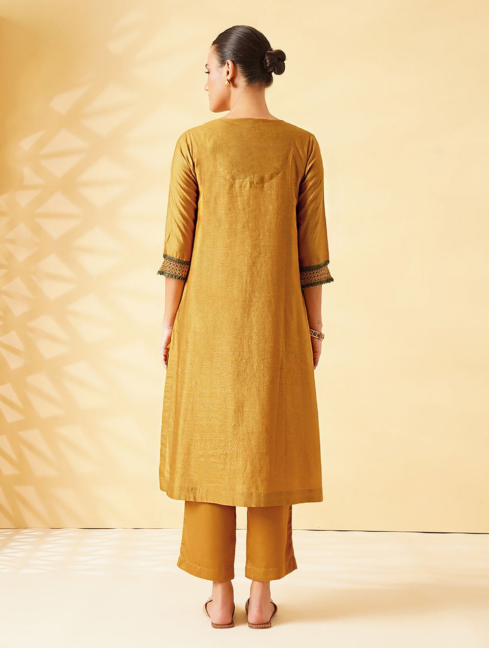 Women Mustard Khadi Silk Cotton Kurta With Crochet And Slip - XS