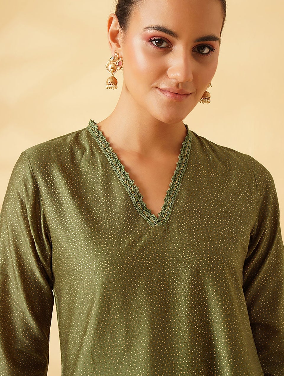 Women Olive Khadi Silk Cotton Kurta With Crochet - XS