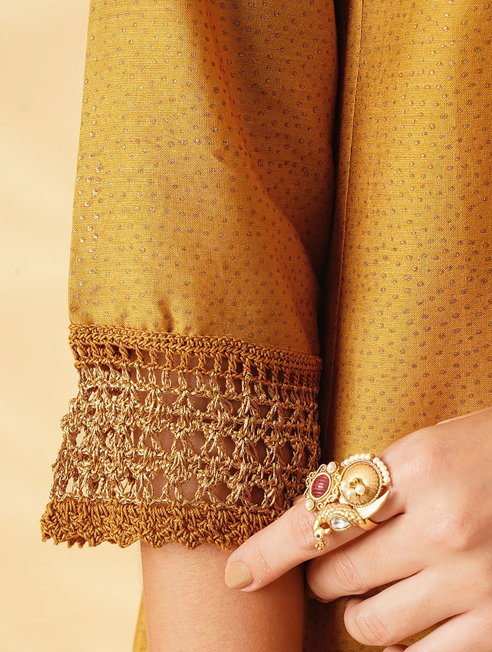 Women Mustard Khadi Silk Cotton Kurta With Crochet And Slip - XS