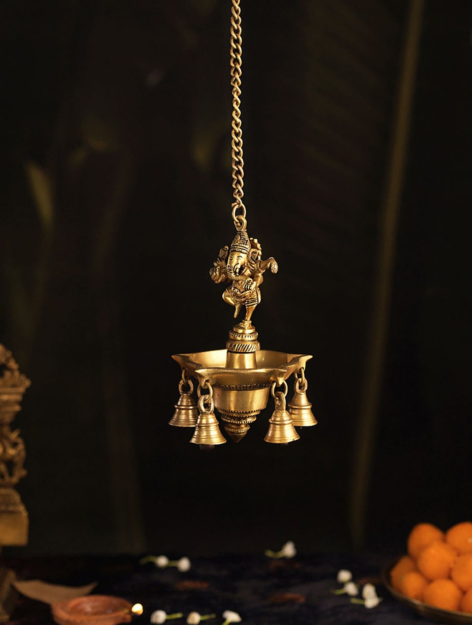 Brass Hanging Diya With 5 Bells