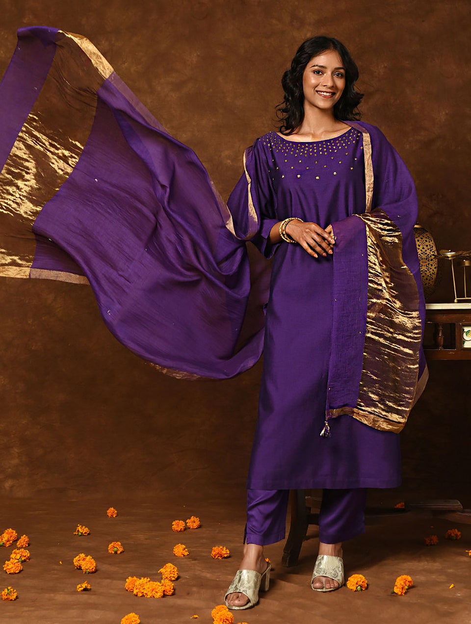 Women Purple Silk Cotton Dupatta With Tassels