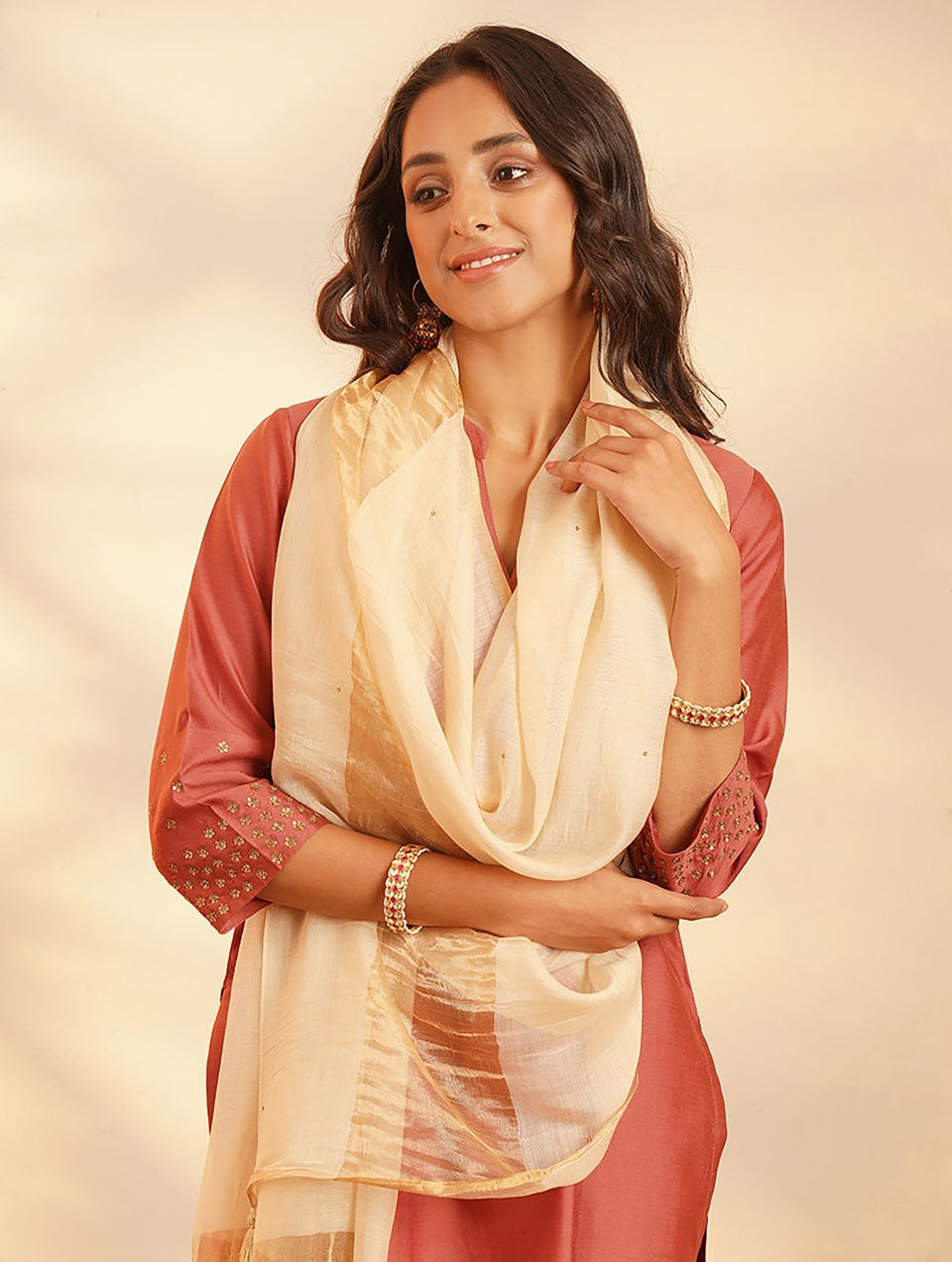 Women Beige Silk Cotton Dupatta With Tassels