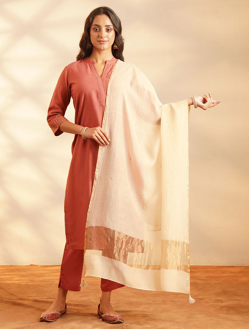 Women Beige Silk Cotton Dupatta With Tassels