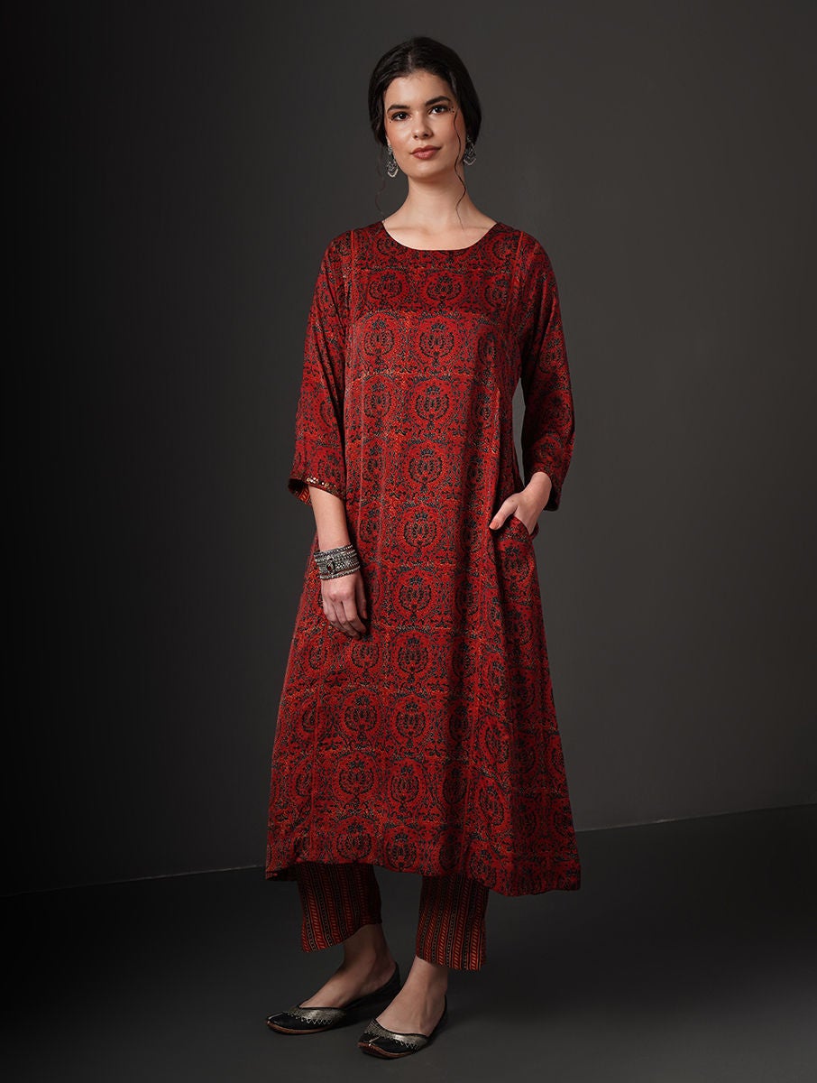 Women Red Ajrakh Modal Kurta With Sequins And Pockets