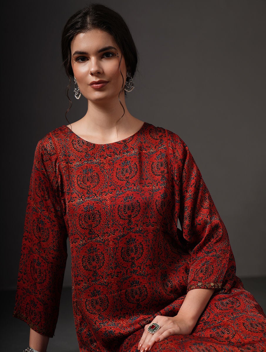 Women Red Ajrakh Modal Kurta With Sequins And Pockets
