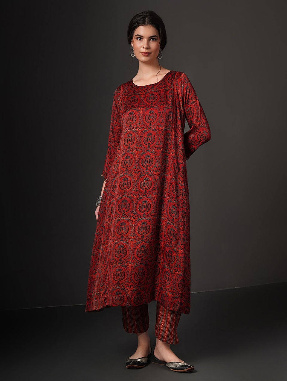Women Red Ajrakh Modal Kurta With Sequins And Pockets - XS