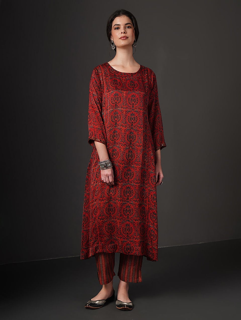 Women Red Ajrakh Modal Kurta With Sequins And Pockets - XS