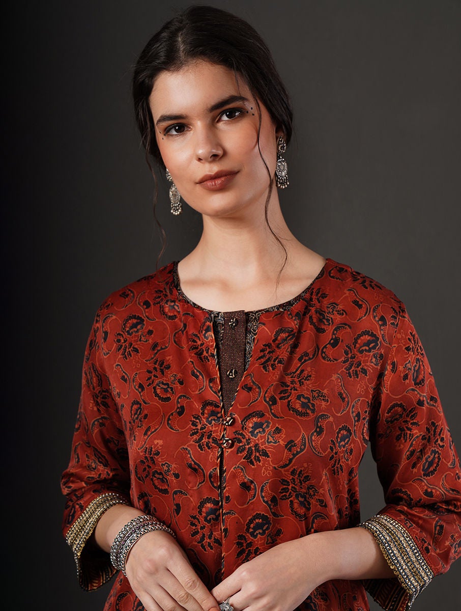 Women Red Embroidered Ajrakh Modal Jacket