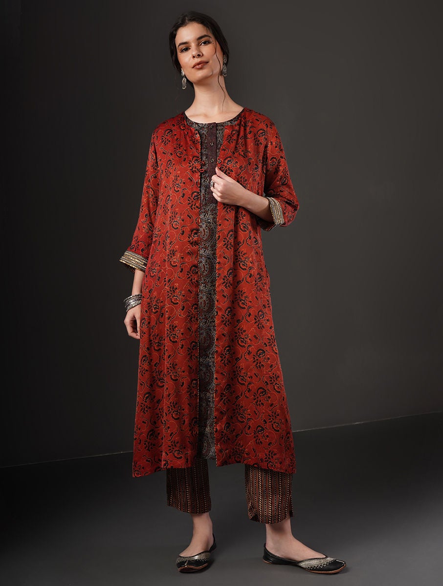 Women Red Embroidered Ajrakh Modal Jacket