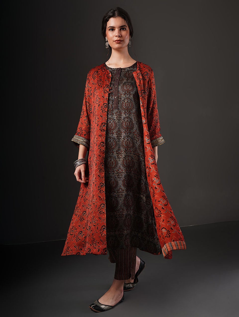 Women Red Embroidered Ajrakh Modal Jacket - XS