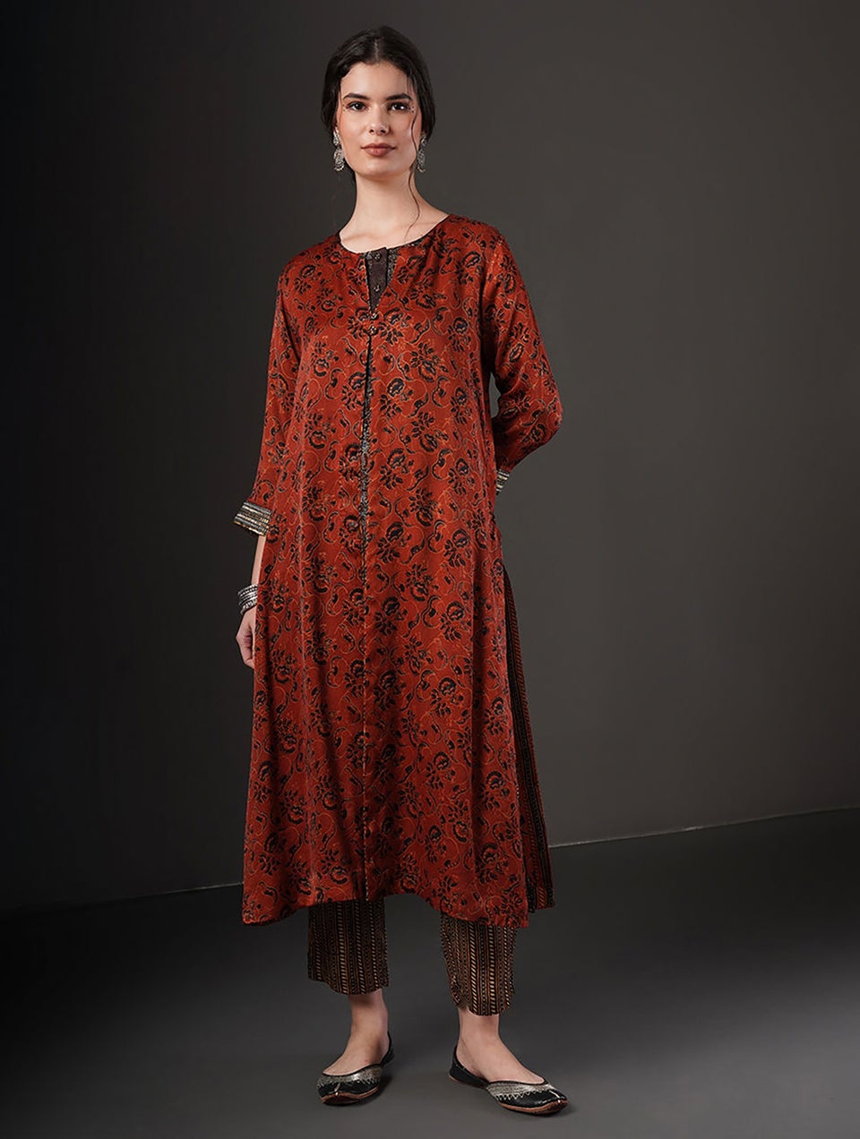 Women Red Embroidered Ajrakh Modal Jacket - XS