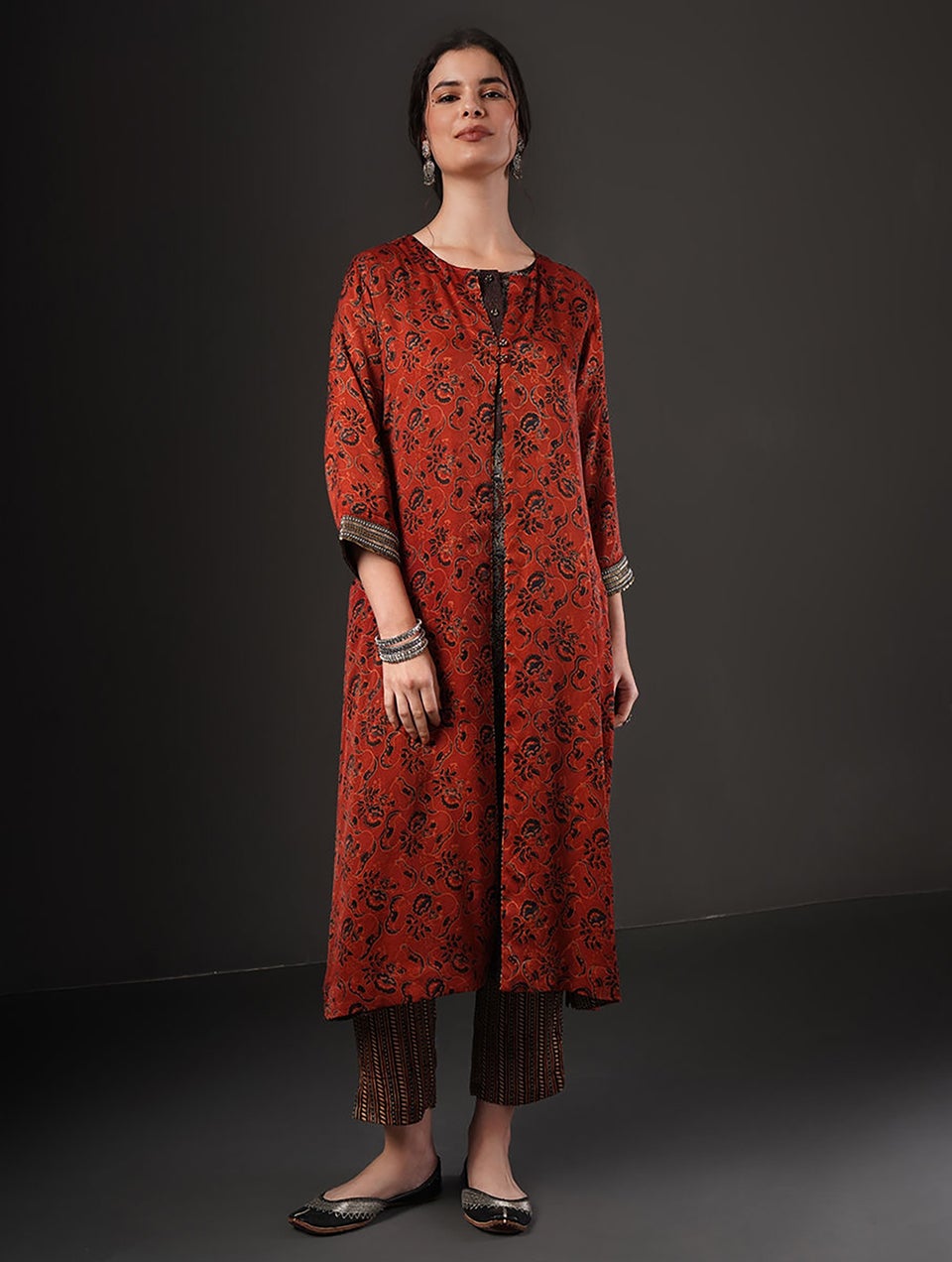 Women Red Embroidered Ajrakh Modal Jacket - XS