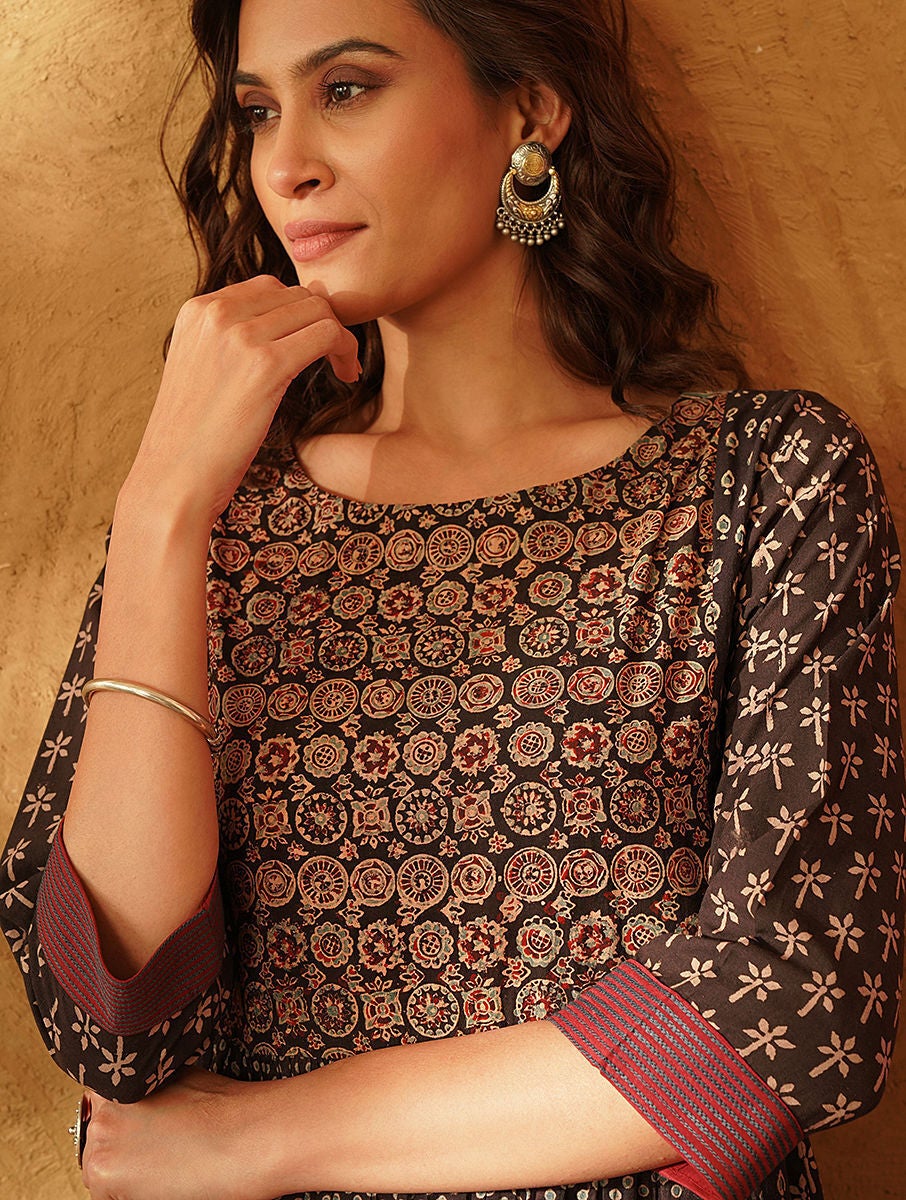 Women Black Cotton Ajrakh Round Neck Regular Fit Kurta