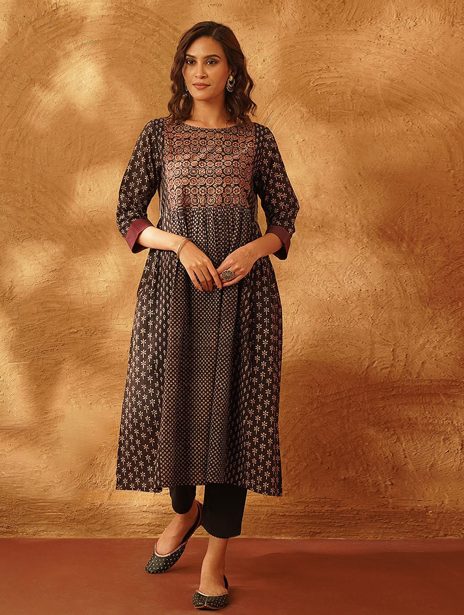 Women Black Cotton Ajrakh Round Neck Regular Fit Kurta