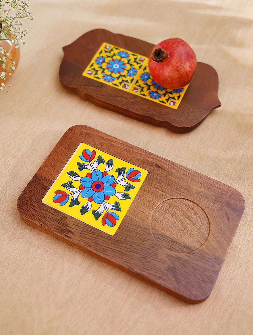 Wooden Multipurpose Utility Tray With Tile Work