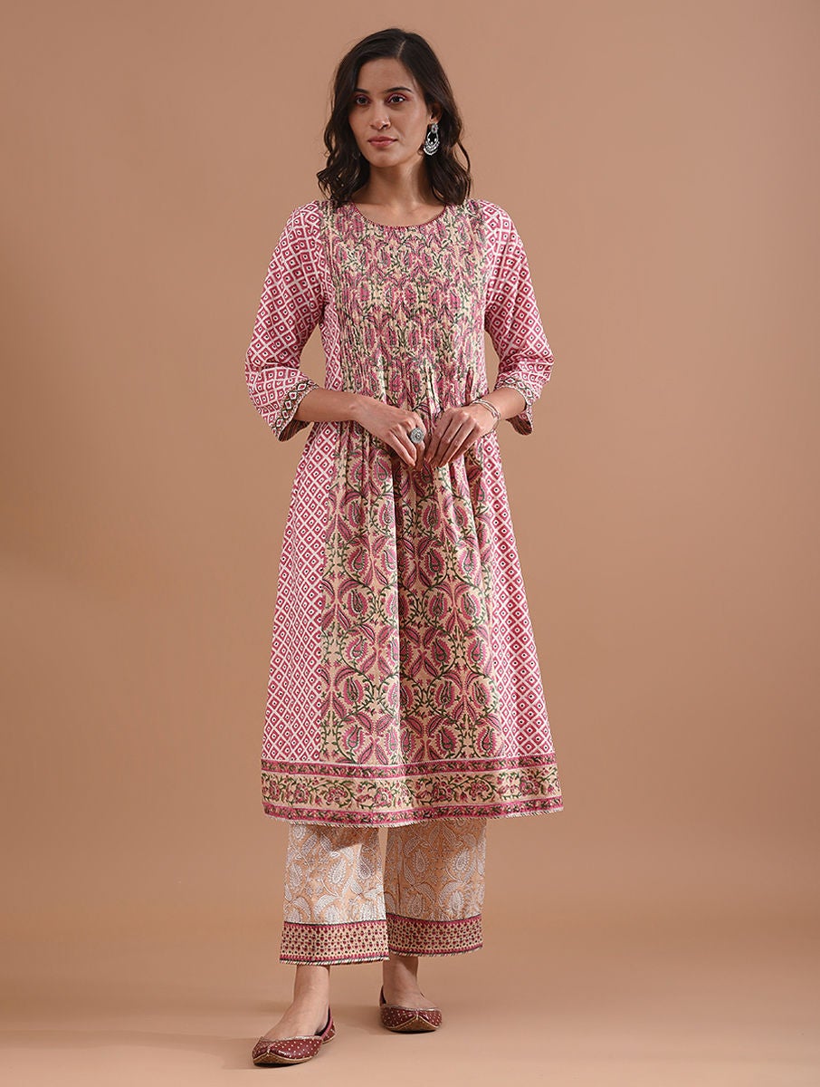Women Multicolor Block Printed Elasticated Waist Cotton Palazzo With Pocket