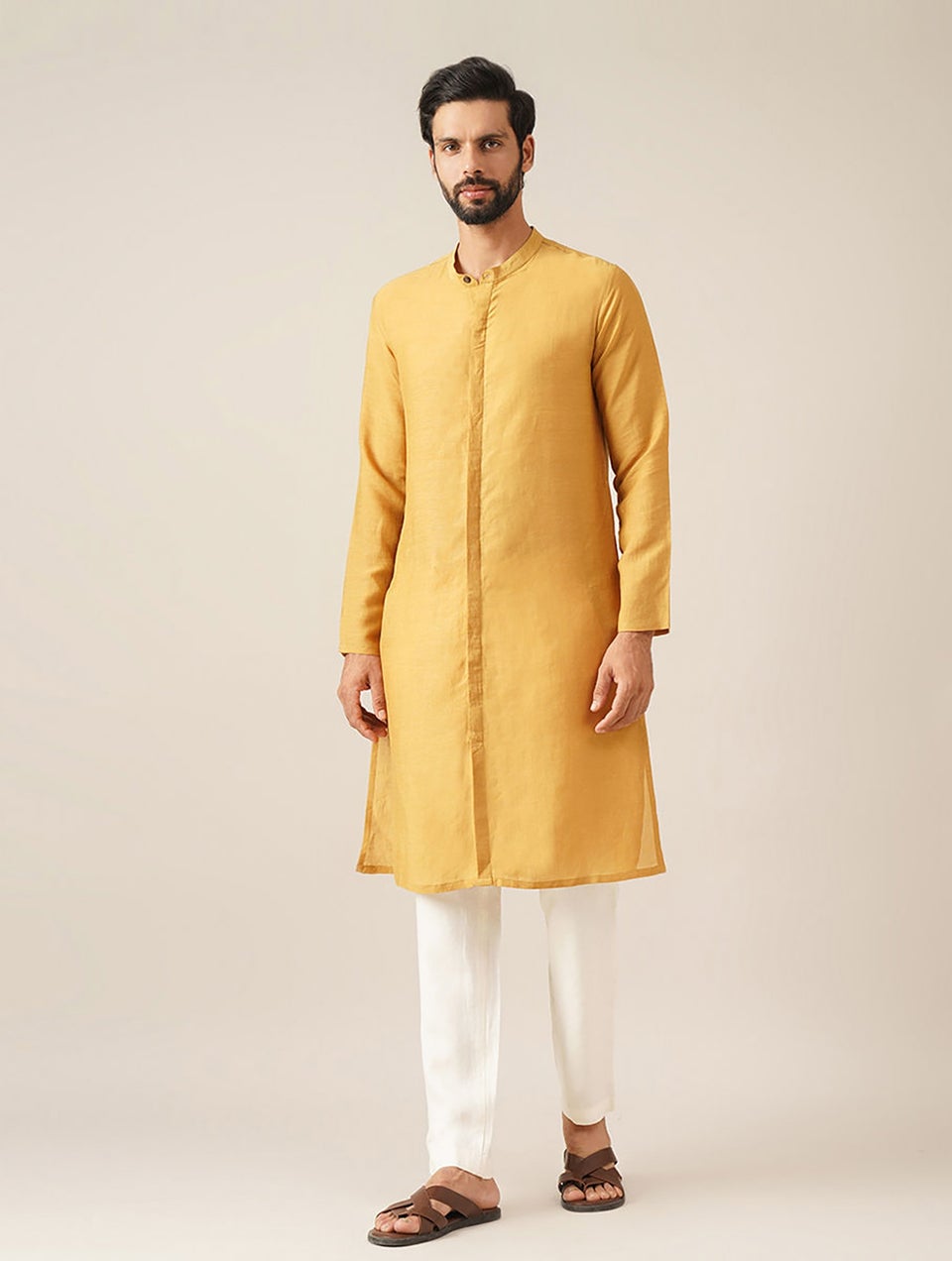 Men Mustard Yellow Viscose Regular Fit Kurta - 44