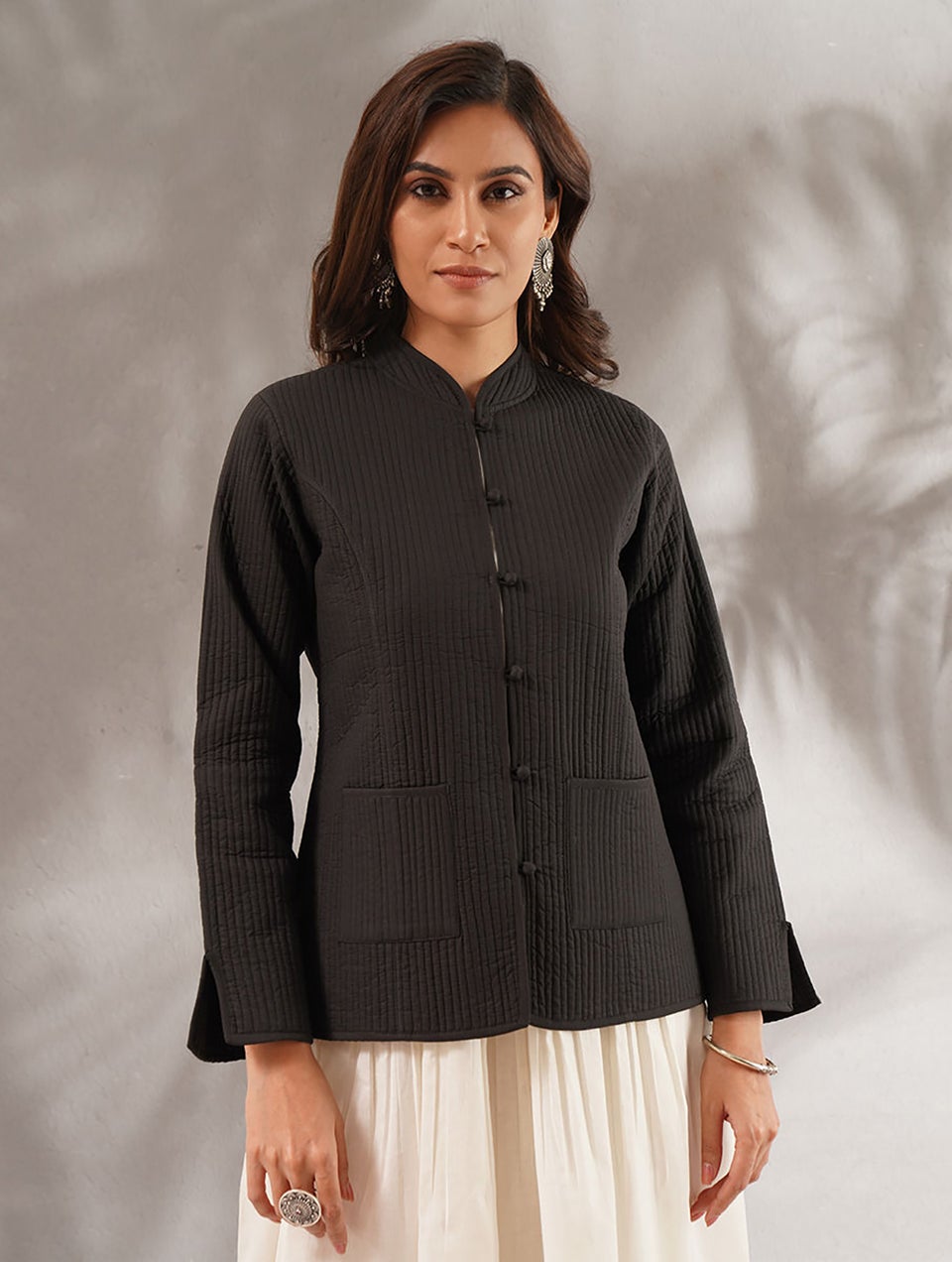 Women Black Cotton Quilted Jacket - XS