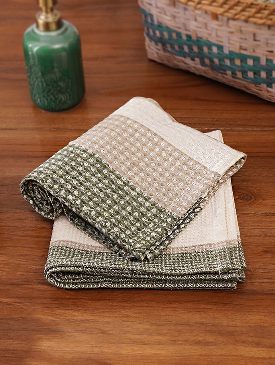 Green And Grey Honeycomb Cotton Hand Towel