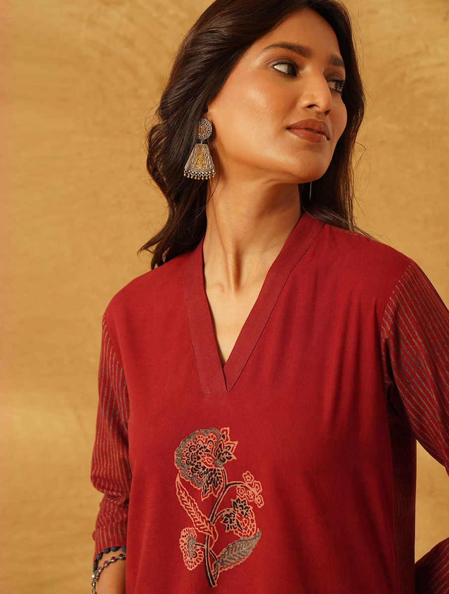 Women Red Natural Dyed Ajrakh Cotton Kurta