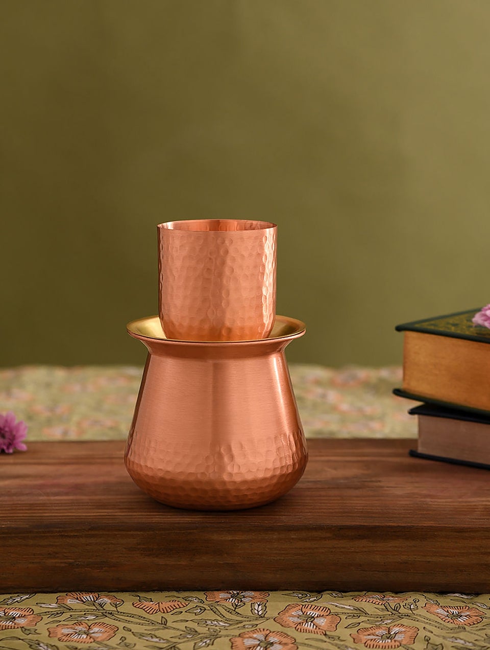 Copper And Brass Lota With Lid And Glass
