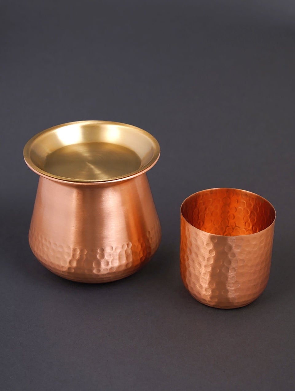 Copper And Brass Lota With Lid And Glass