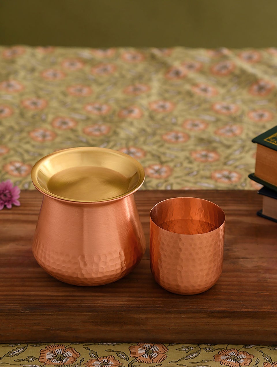 Copper And Brass Lota With Lid And Glass
