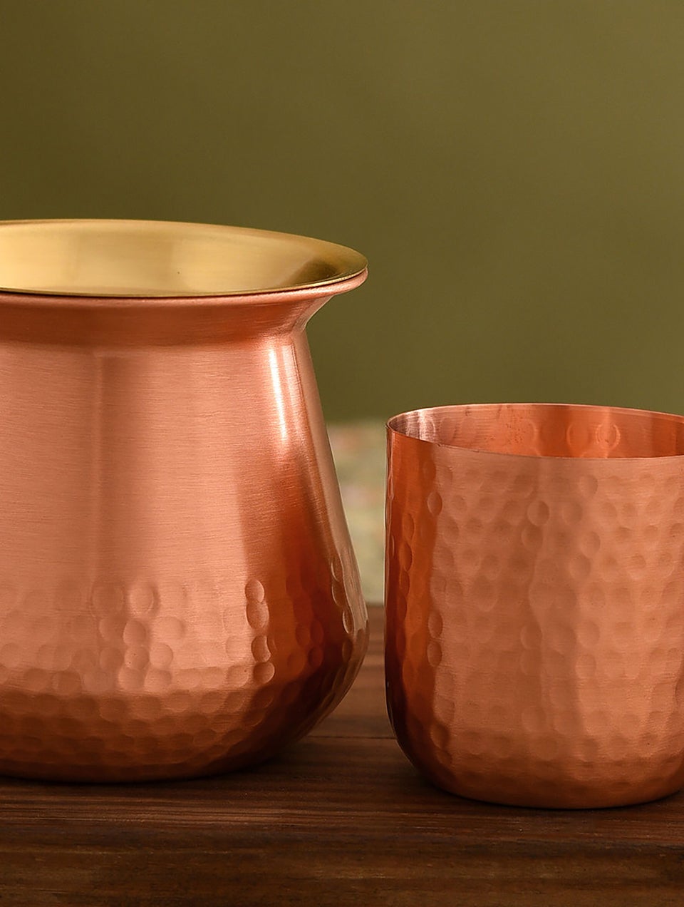 Copper And Brass Lota With Lid And Glass