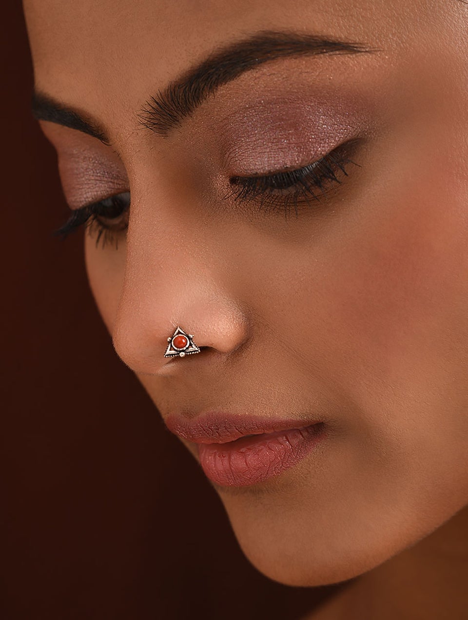 Women Coral Tribal Silver Nose Pin