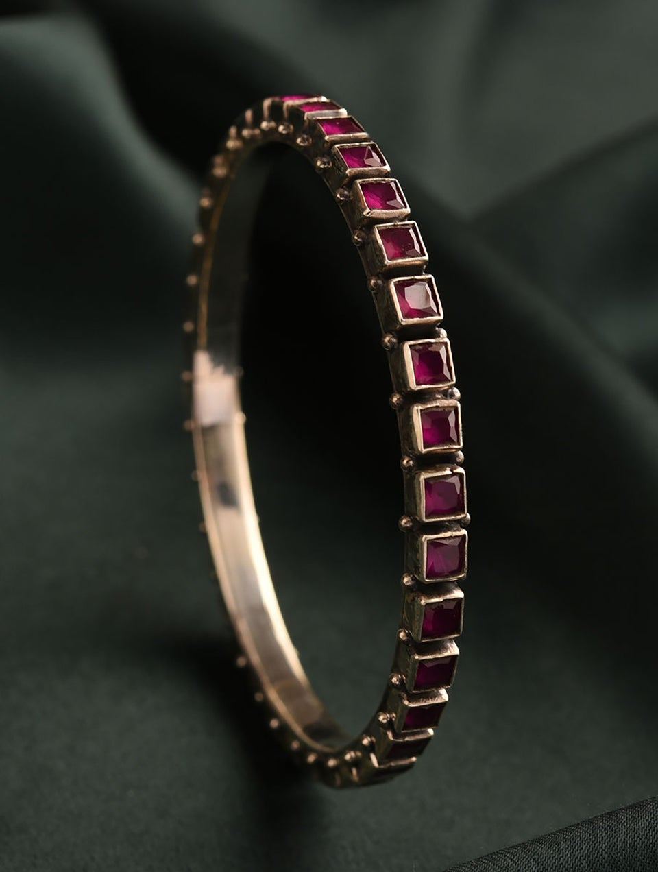 Women Pink Kempstone Encrusted Tribal Silver Bangle - 2/8