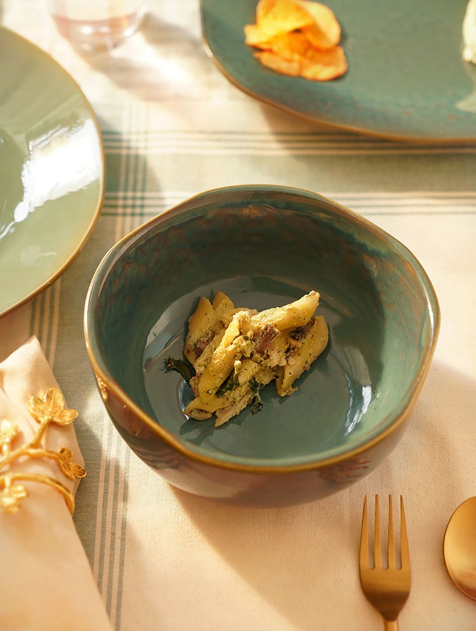 Lustrous Jade Organic Shaped Stoneware Large Serving Bowl