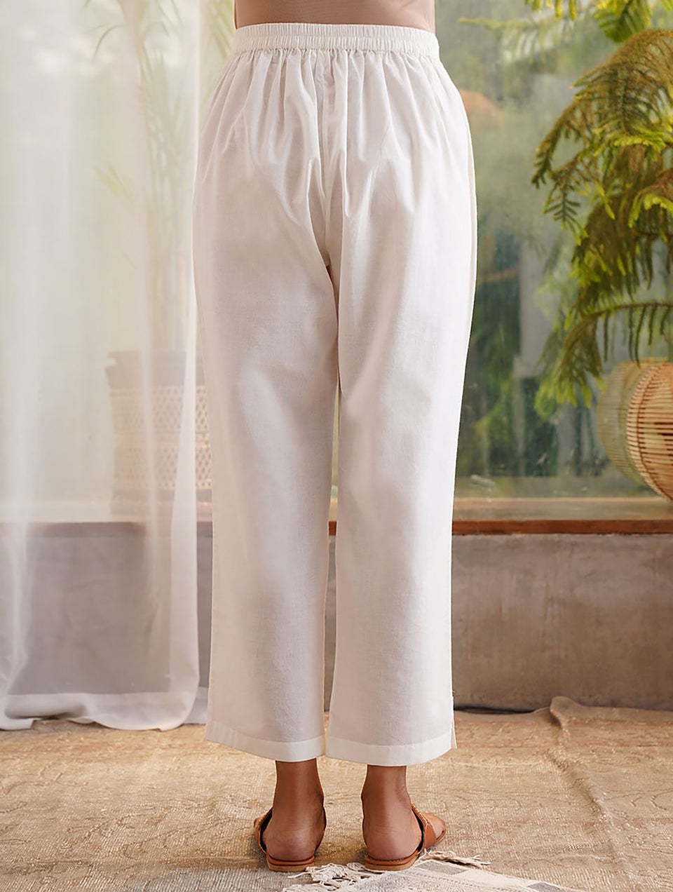 White Elasticated Waist Cotton Pants - XS