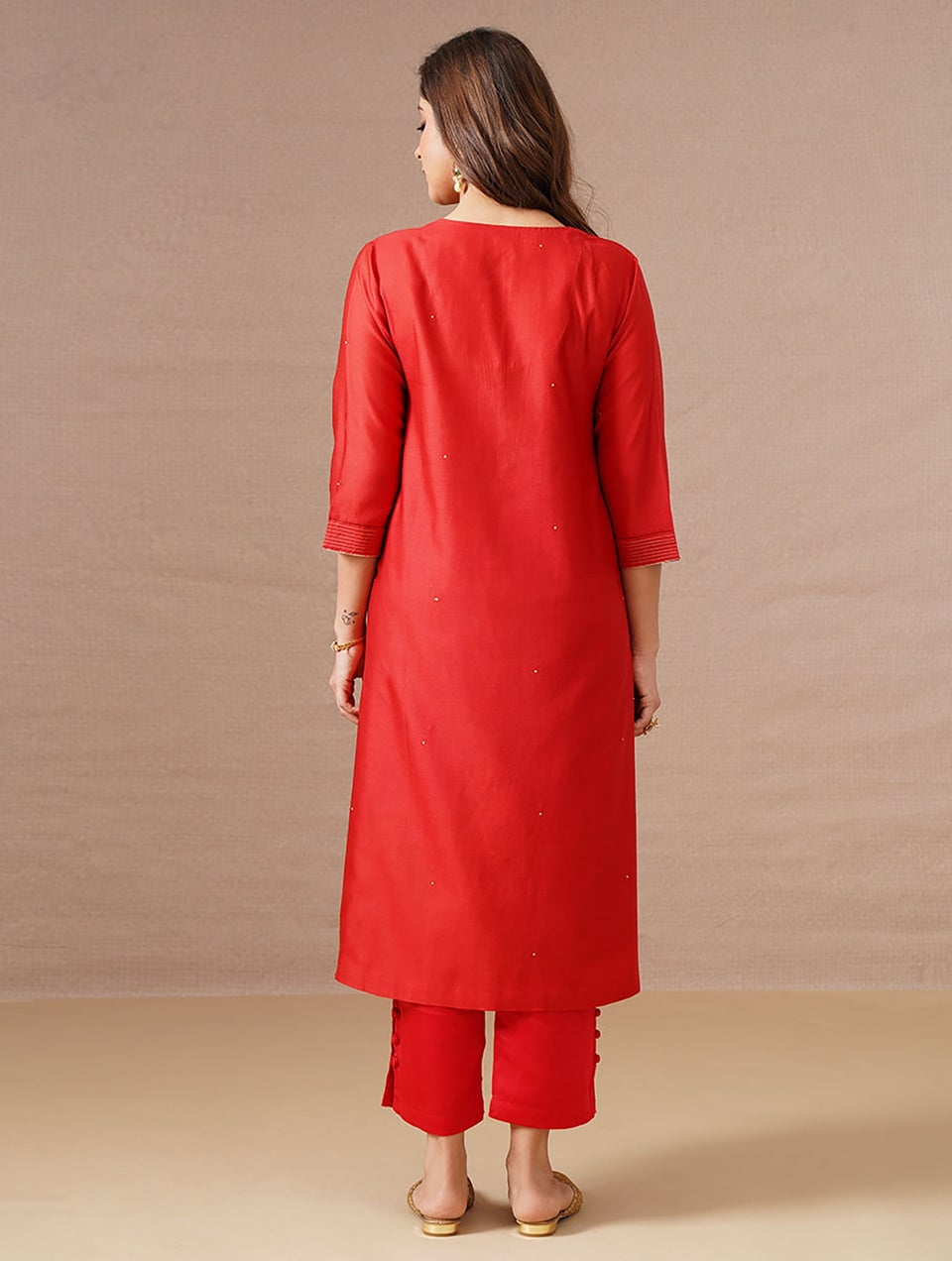 Women Red Silk Cotton Kurta With Zari - XS