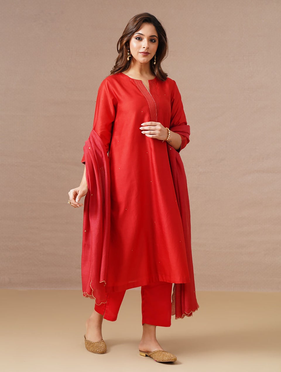 Women Red Silk Cotton Kurta With Zari - XS