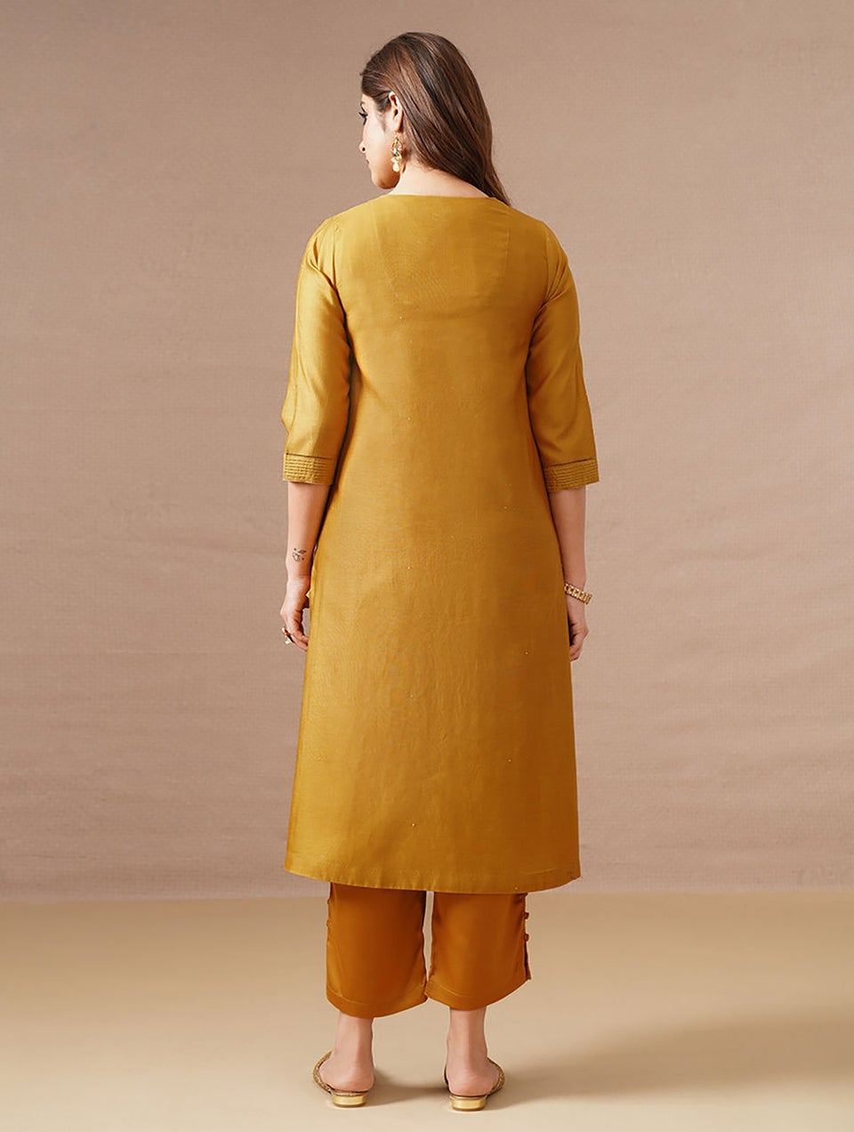 Women Mustard Silk Cotton Kurta With Zari - XS