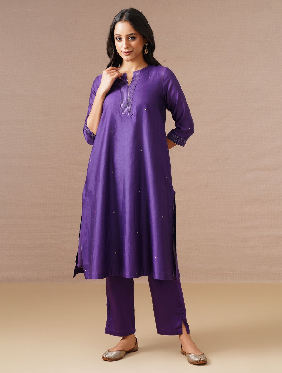 Women Purple Silk Cotton Kurta With Zari