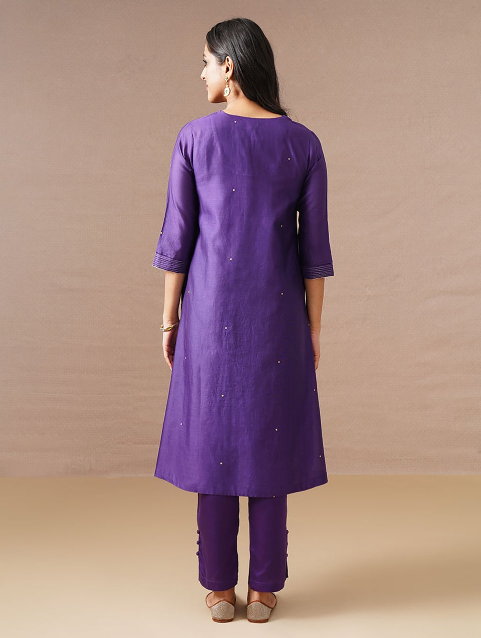 Women Purple Cotton Silk U Neck Regular Fit Kurta - S