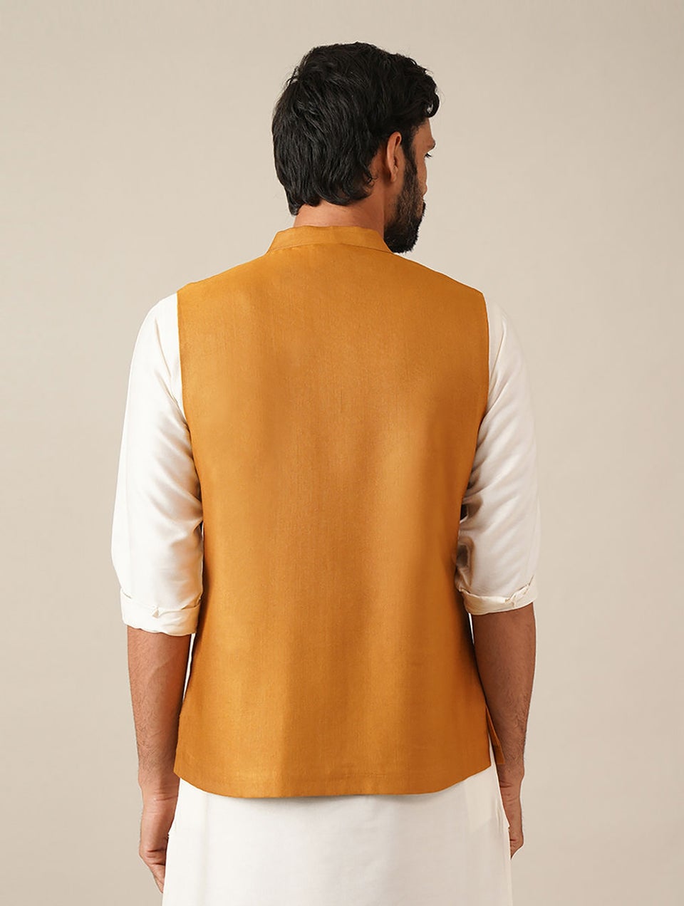 Men Mustard Yellow Silk Blend Regular Fit Nehru Jacket - 44