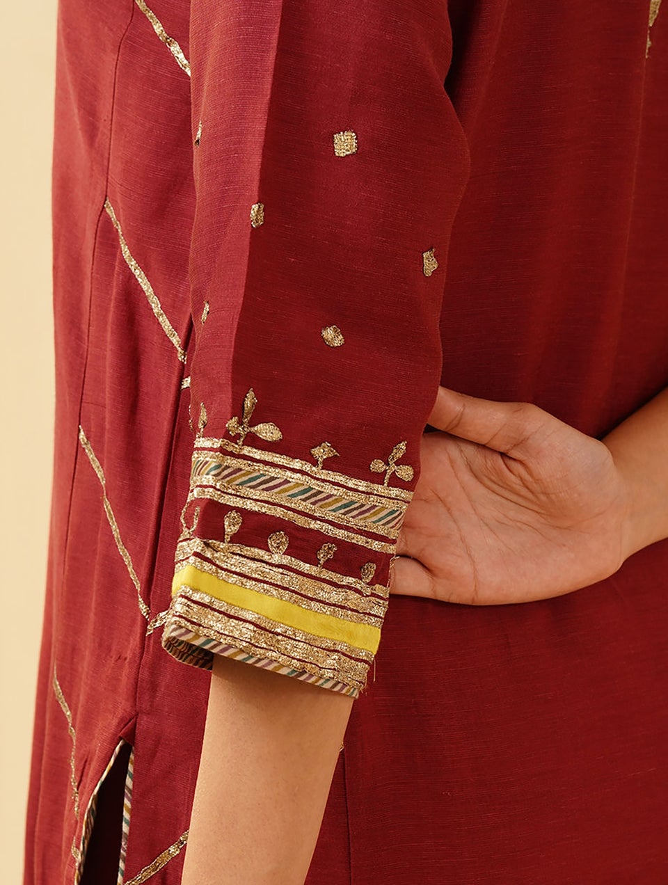 Women Red Viscose Hand Embroidery Boat Neck Kurta With Pant - XL