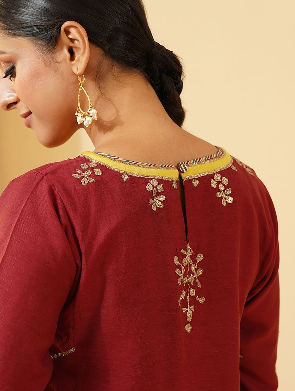 Women Red Viscose Hand Embroidery Boat Neck Kurta With Pant - XL