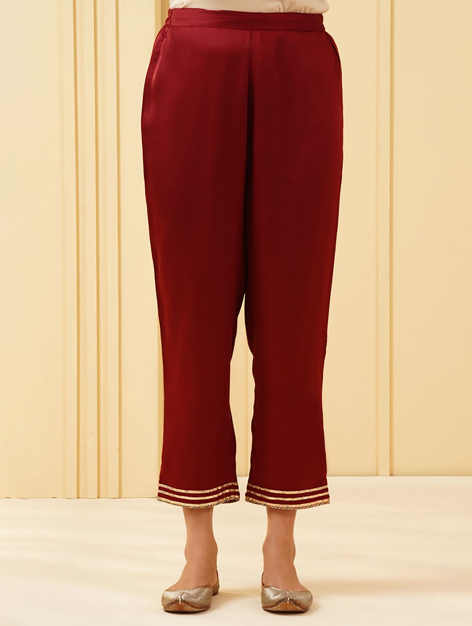Women Red Gota Embroidered Linen Kurta With Pants - XXL
