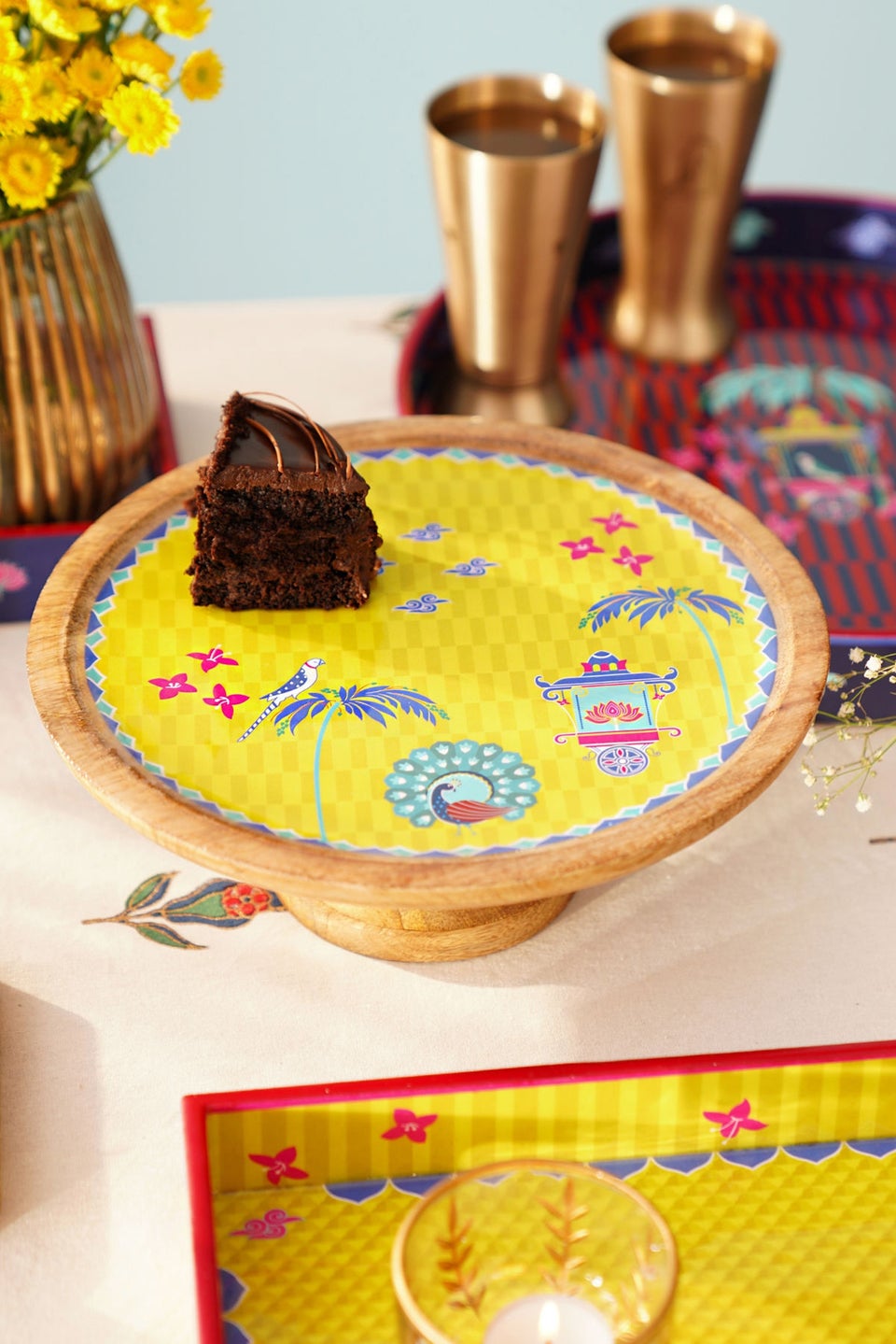 Ganjifa Inspired Yellow Handcrafted Decal Wooden Cake Stand