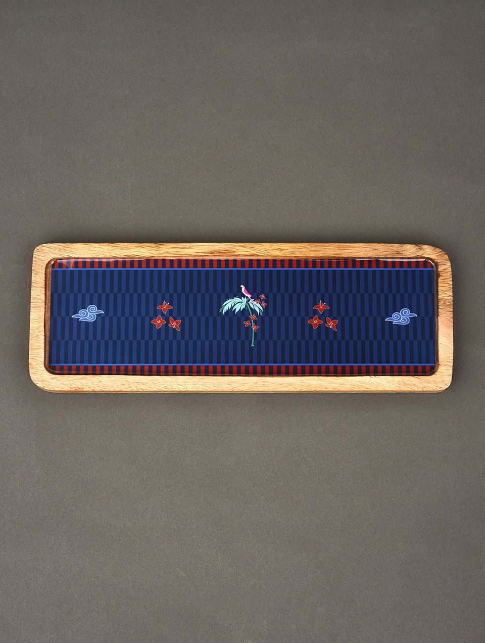 Ganjifa Inspired Blue Handcrafted Decal Wooden Platter