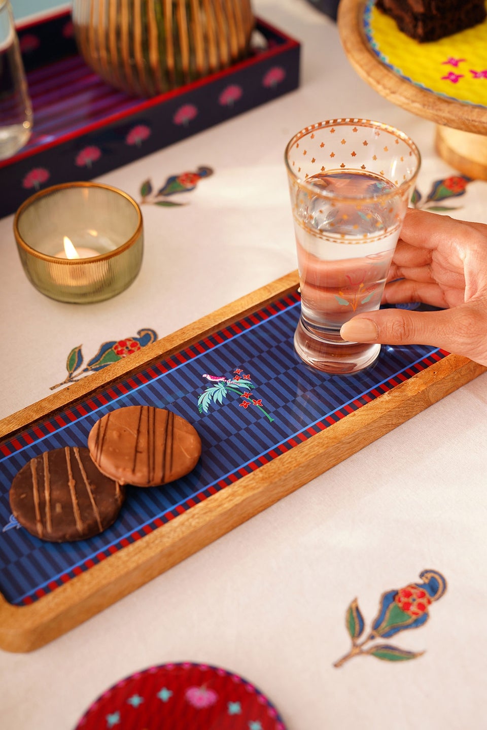 Ganjifa Inspired Blue Handcrafted Decal Wooden Platter